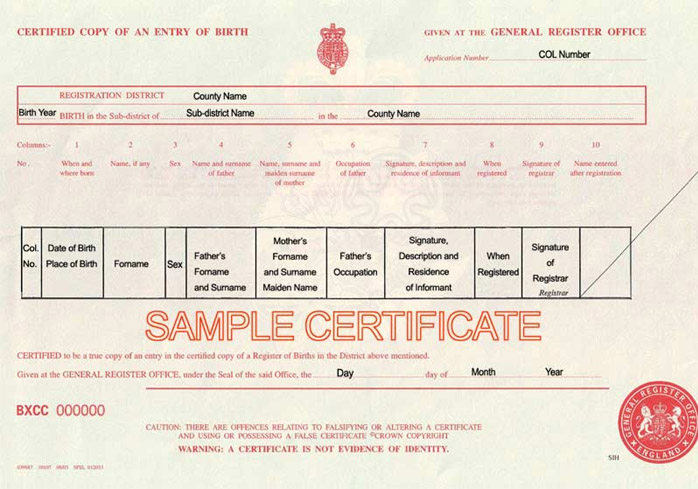 Sample English birth certificate showing the information fields